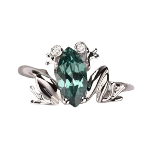 Silverjewel 2 Ct Marquise Cut Green Diamond Delicate Art Deco Solitaire Fashion Frog Design Engagement Rings For Women 14K White Gold Plated Solid 925 Sterling Silver Handmade Funny Frog Jewelry