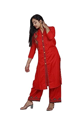 Image of Women's Slubby Kurti | Front Plaket with Emroidery and Buttons. Emroidery Work On Plazo | Straight Kurti and Pant | Round Collar Neck |Three Fourth Bell Sleeves