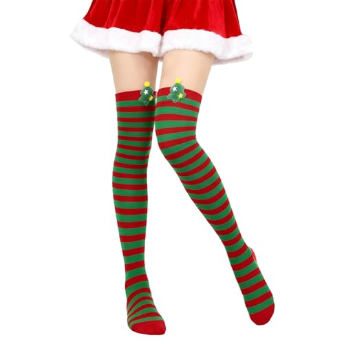 ALLY-MAGIC Christmas Thigh High Socks,Red and Green Stripe Knee High Socks with Christmas Tree Long Tube Stockings for Women Girls Xmas Valentine\'s Day Favors Y8HLCTW