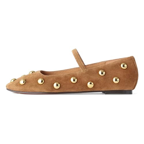 Studded Ballet Flats for Women Suqare Toe Slip on Leather Ballet Shoes Comfortable Loafers Walking Shoes