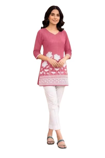 Women Short Kurti Above Knee Length Embroidered Cotton V-Neck 3/4 Sleeve Kurti Only-image-31
