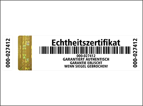 Holomarks 250 Stück Gold High Security Echtheitszertifikat Etiketten mit Seriennummern und Hologramm 70x20mm mit UV security Certificate of Authenticity GERMAN TEXT