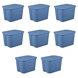 18 Gallon Tote Plastic Storage Bin with Snap Stackable Bin with Latch Lid, Plastic Container to Organize Garage, Basement, Blue Base and Lid Blue, 8 Count