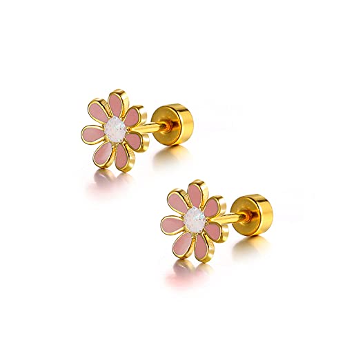 18G Cute Daisy Flower Stud Cartilage Earrings for Women Girls 14K Gold Plated Stainless Steel Enameled Dainty Screw Back Studs Sleeper Tragus Post Hypoallergenic Piercing Body Jewelry