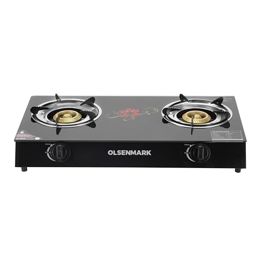 Olsenmark Gas Cooker- OMK7010 Tempered Glass Top Panel Double Burner with Blue Flame Stainless Steel Water Tray Low Energy Consumption and Efficient Auto Ignition System