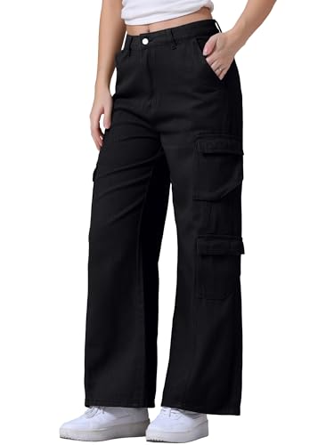 Women's Baggy Jeans Straight Leg High Waist Multi-Pocket Buttoned Loose Casual Cargo Denim Pants