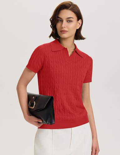Image of Micoson Womens Short Sleeve Sweater Tops Lapel V Neck Polo Shirts 2026 Summer Cable Knit Loose Blouse Business Casual Outfits