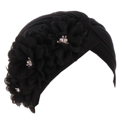 YYAOJHAO Women Flower Turban Hats - Ruffle Pre Tied Headwrap Caps Chemo Beanies Hijab Headscarf for Cancer Patient Hair Loss Black