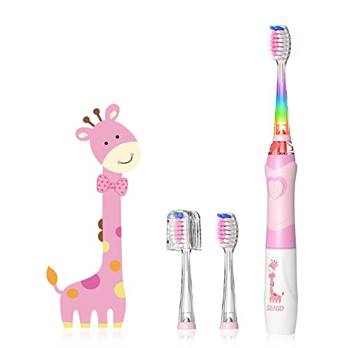 Kids Electric Toothbrushes Sonic Toothbrush, Soft Battery Powered Tooth Brush with Smart Timer,Waterproof Replaceable Deep Clean for Kids(Age of 3+),Travel Toothbrush by SEAGO (977Pink)…