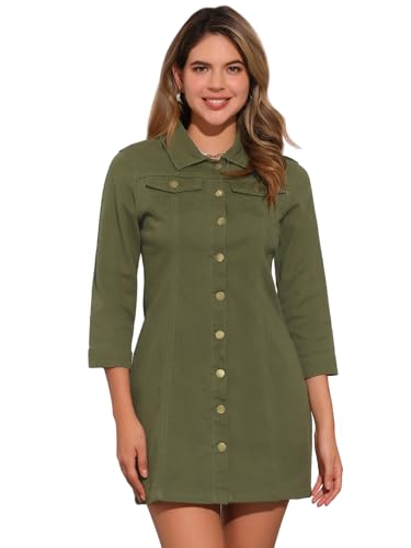 Allegra K Women's Button Down Denim Dress 3/4 Sleeve Summer 2025 Jeans Mini Dress Large Army Green