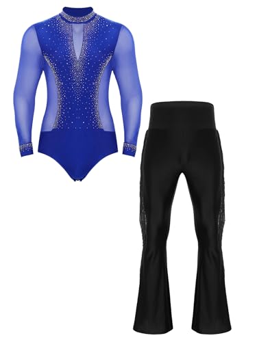 Sinleey Men's Latin Ballroom Dance Costume Rhinestone Shiny Bodysuit with Flared Pants Ballet Dance Outfit Blue&Black Medium