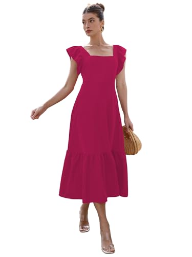 Image of Sugathari Girl's & Women's Solid Color Square Neck, Ruffle-Trimmed Hem Sleeveless, Ruffle Armhole and Casual Dress with Cinched Waist Vacation Outfits Woman (Dress 176)