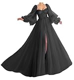 Puffy Sleeve Prom Dress Sweetheart Tulle Ball Gown Slit Formal Evening Gowns Princess Wedding Dresses Black Size 6