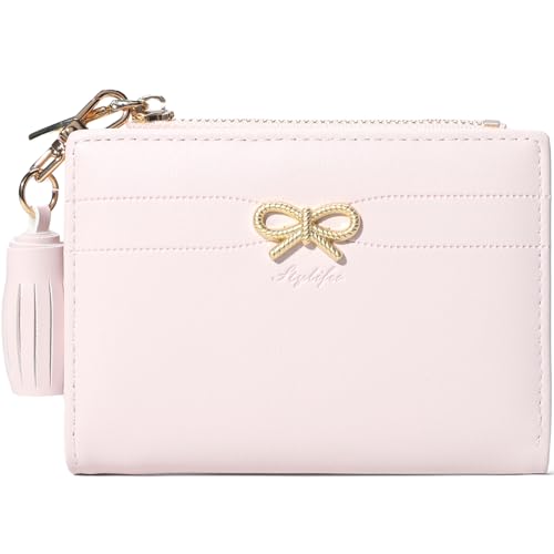 Fashion Wallets Girls Cute Small Bow Wallet Aesthetic Card Holder Bifold Wallet Coin Purse Cash Pocket with Zipper for Women (Bi-Fold Wallet, Pink)