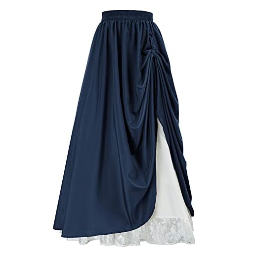 Scarlet Darkness Women's Prairie Peasant Skirt Medieval Double Layered Costume Long Skirts Navy L