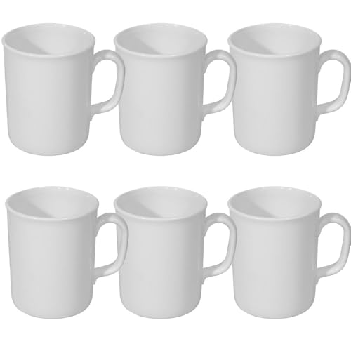 White Plastic Mugs 275ml UK Made Ceramic Looking Pack of 6, Lightweight Durable Coffee Cups with Handles, Dishwasher Microwave Safe, Camping, Picnic, Ideal for Children