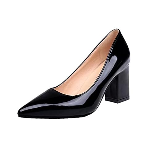 Womens Court Shoes Block Heels Chunky Sandals Pointed Toe Wedding Shoes Fashion Patent Pump Office High-Heeled Pumps Black Cover