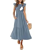 CzzzyL Nursing Dress Breastfeeding Women's Fashion Smocked Bodice Ruffle A Line Latched Mama Midi with Pockets(Blue,Small)