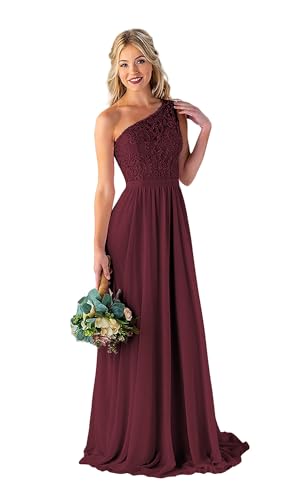 Image of Women's One Shoulder Bridesmaid Dresses Long for Wedding with Pockets Lace Bodice A-Line Chiffon Formal Party Gown