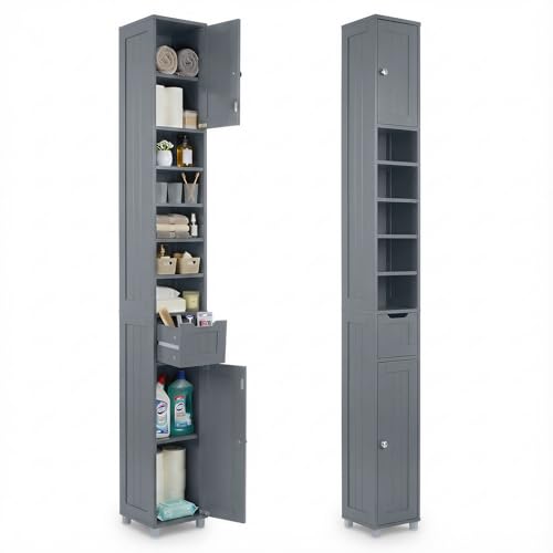 VOUNOT® Armario para Baño Alto Mueble Columna de Baño, Estanterías con 2 Puertas y 1 Cajón, Estantes Ajustables Espacio Abierto, Mueble Auxiliar de Almacenaje para Salón Dormitorio, 20x20x180cm, Gris