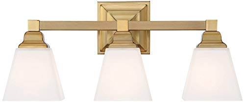 Image of Mencino 20 inch Warm Brass and Opal Glass Modern Bath Wall 3-Light Fixture | Mount Gold Metal Hardwired Wide Vanity Etched White Shades for Bathroom Over Mirror House Home Room Decor