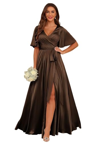 YOFF Women's Short Sleeves A-line Bridesmaid Dresses 2025 with Slit Long Ruched Satin Prom Dresses YO183
