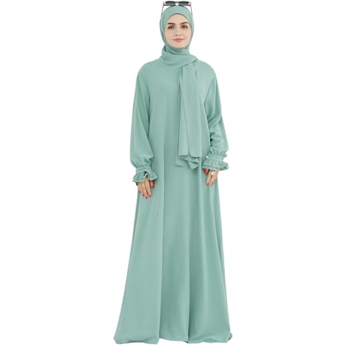 women muslim dress middle east arabian robe islamic modest dress with hijab scarf lace sleeve flowy abaya dress