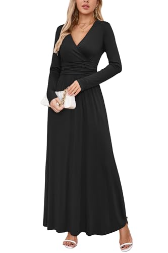 OUGES Damen Kleid Langarm V-Ausschnitt Winterkleid Casual Boho Kleider Maxikleid mit Taschen Herbstkleid(Schwarz, XL)