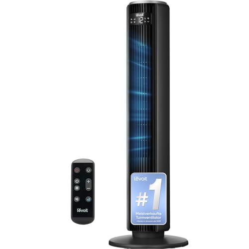 Levoit- DC Motor Turmventilator- 20dB sehr leiser Ventilator- 4 Modi/ 12 Stufen/ 12 Std Timer- Fernbedienung & Kühlung- Tower Fan mit 7, 9m/ s Geschwindigkeit- 24W Standventilator- Schwarz, 92 cm