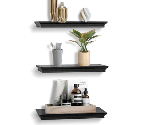 Ahdecor Black Floating Shelves, Wall Shelves With Invisible Brackets And Crown Molding Design Decorative For Bedroom, Bathroom, Living Room And Kitchen, Set Of 3 #TOP4
