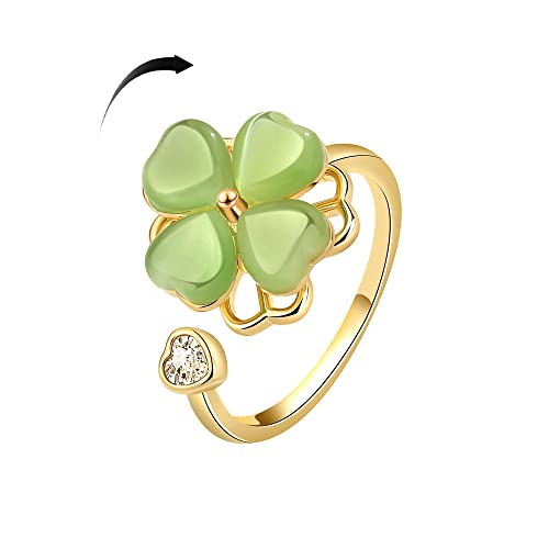 Green Four Leaf Clover Spinner Ring Cubic Zirconia Love Heart Cat Eye Stone Flower Stacking Adjustable Open Statement Relief Stress Fidget Finger Bands Wedding Rings Dainty Good Luck Jewelry for Women