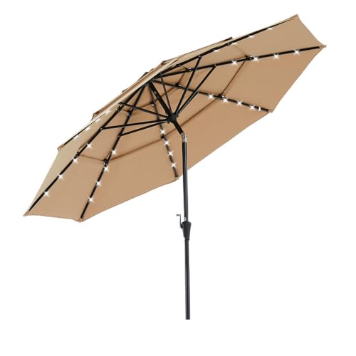 DUMOS 10FT 3-Tier Outdoor Patio Umbrella with 32 LED Lights & Crank, 8 Sturdy Ribs Table Umbrella for Pool, Market, Terrace, Beach and Outdoor Restaurant, Beige