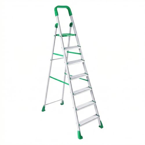 Image of Amazon Basics Clamber Pro - Foldable Step Ladder, Firm Grip, 7 Steps (Aluminium Steps, Green & Satin)