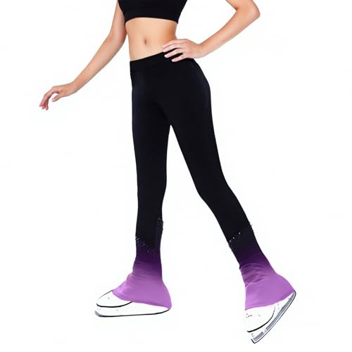 LIUHUO Pantalon de patinage artistique pour fille - Couleur dégradée - Pantalon d'entraînement en velours, violet, 8-10 ans