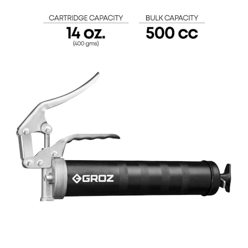 Image of GROZ Pistol Grip Grease Gun with aluminum die cast head & tough barrel| One hand operation| Discharge upto 0.50 gm /stroke. | Cartridge & bulk fill | Comes with 4 inch steel extension & coupler | G5R /B