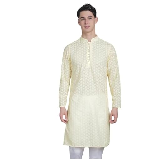 Majestic Man Cotton Blend Chikankari Embroidered Kurta for Men (Yellow, Large)