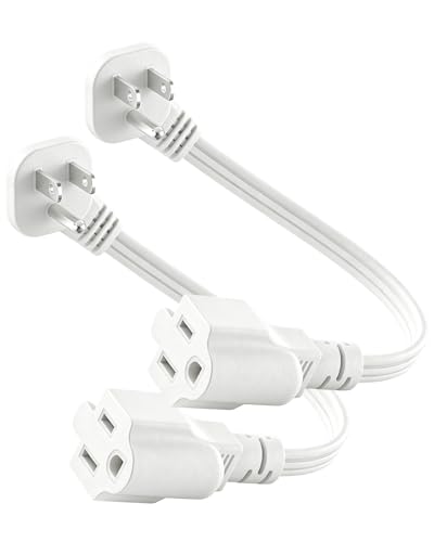 TCKN Flat Plug Extension Cord 1Ft White 3 Prong Short Cable 1625W 2-Pack
