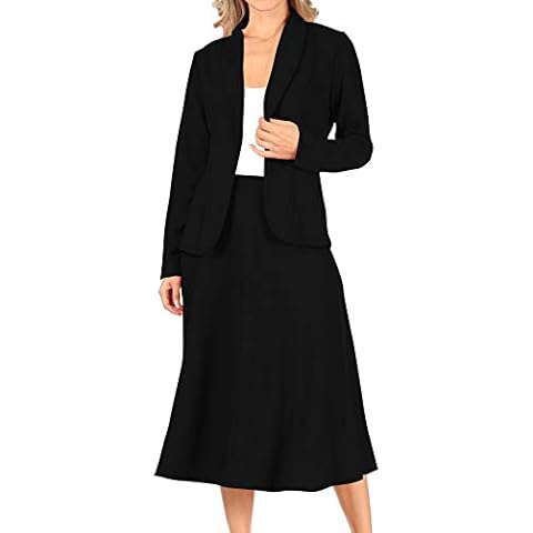 Two Piece Solid Long Sleeve Casual Blazer Relaxed A-Line Midi Skirt Black L Cover