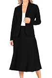 Two Piece Solid Long Sleeve Casual Blazer Relaxed A-Line Midi Skirt Black M