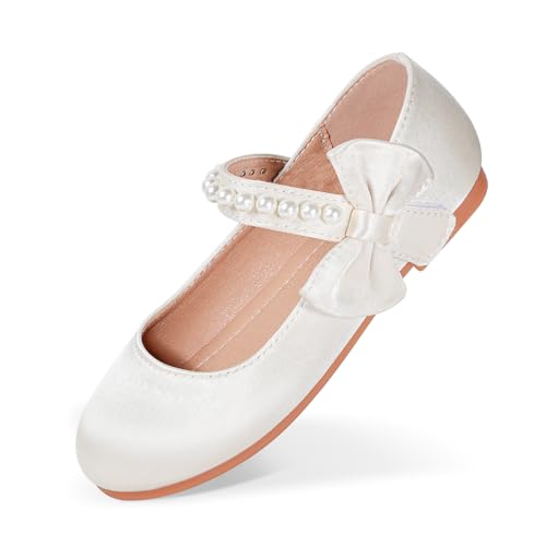 Toddler Girl Satin Dress Shoes with Pearl Bowknot - Flower Girl Ballet Flats Soft Non-Slip Sole Mary Jane Princess Shoes for Wedding Party