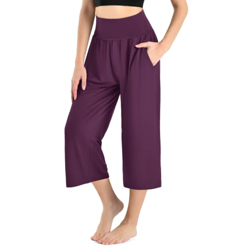 Ipletix Capri Pants for Women High Waisted Casual Wide Leg Yoga Pants with Pockets for Travel Gym Exercise 23" Inseam Purple L