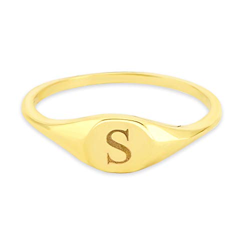 10k Real Solid Gold Initial Signet Ring, Size 5, Engraved with English Letter, Alphabet Jewelry for Her (S)3