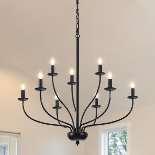 QAREHL Black Chandelier, 9 Lights Chandeliers Ceiling Light Living Room Industrial Black Light Fitting Ceilings Pendant Light for Kitchen Dining Room Bedroom, E14 Socket
