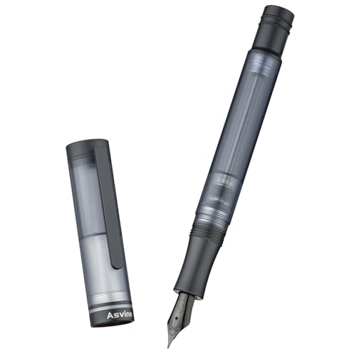 Image of Asvine V200 Titanium Fountain Pen Vacuum Fill Matte Black Medium Nib Transparent Demonstrator Acrylic with Pencil Case and Wrench