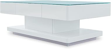 OFCASA Hochglanz-Couchtisch für Wohnzimmer, 2 Schubladen, gehärtetes Glas, weißer Couchtisch, Holzschrank für Büro