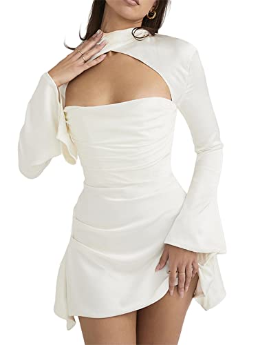 Vestido feminino de manga comprida franzido espaguete sexy frente única cetim ombro de fora frente ú