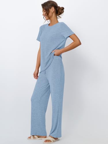 Image of LILLUSORY Womens Lounge Sets 2 Piece Matching Travel Outfits | Lightweight Ribbed 2 Piece Set, Breathable, Stretchy, Wrinkle-Resistant, Travel Ready, Versatile