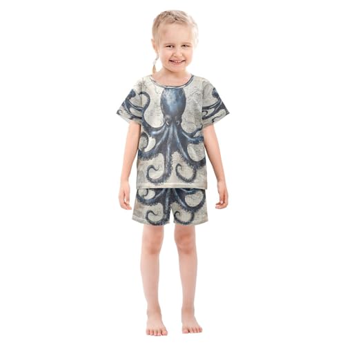 ALAZA Vintage Style Octopus Antique Nautical Map Pajamas Set Short Sleeve Cotton Sleepwear Summer Pjs 2 Piece 5-14Y3