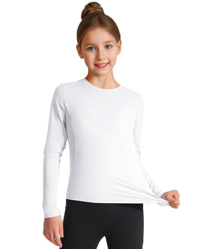 HASMES Girls Long Sleeve Athletic Shirts Kids Quick Dry Lightweight Yoga Tops for Sports Cheer Basic Tees Activewear White