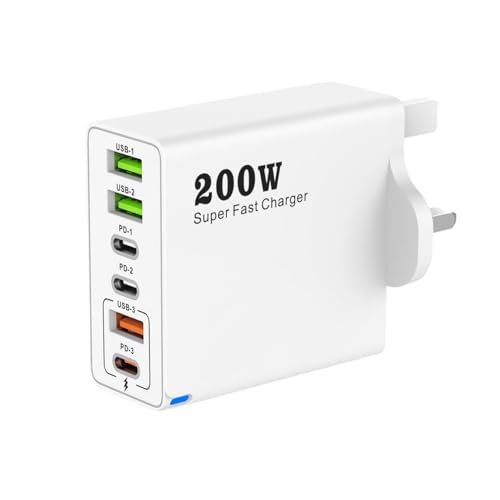 200W USB C Charging Station, 6-Port Fast Charger Plug with PD 100W/65W/45W/20W, GaN III USB C Multi Charger Block, Multi USB C Charger Hub for MacBook Dell Steam Deck iPhone 16/15 iPad